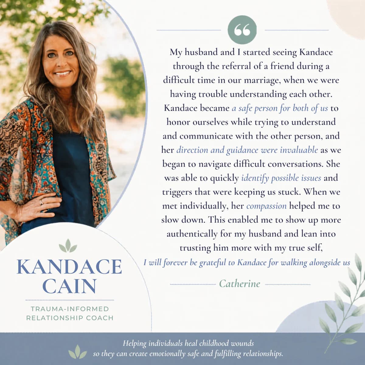 Testimonial from Catherine, Tennessee - testimonial graphic featuring Kandace Cain, trauma-informed relationship coach