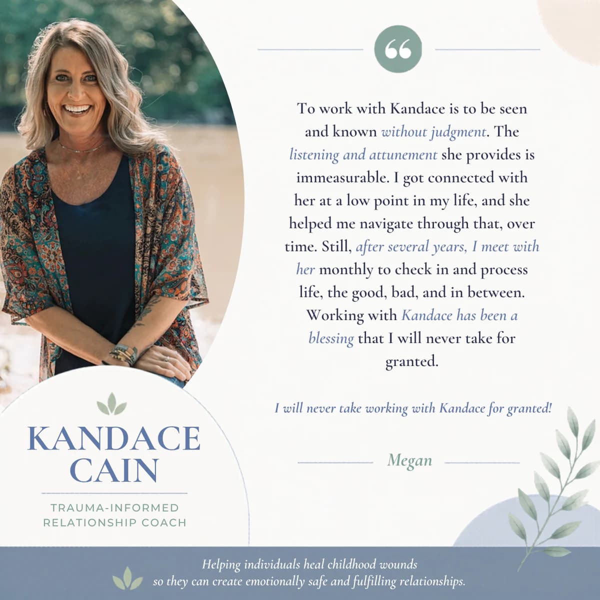 Testimonial from Megan, Kansas - testimonial graphic featuring Kandace Cain Rather, trauma-informed relationship coach