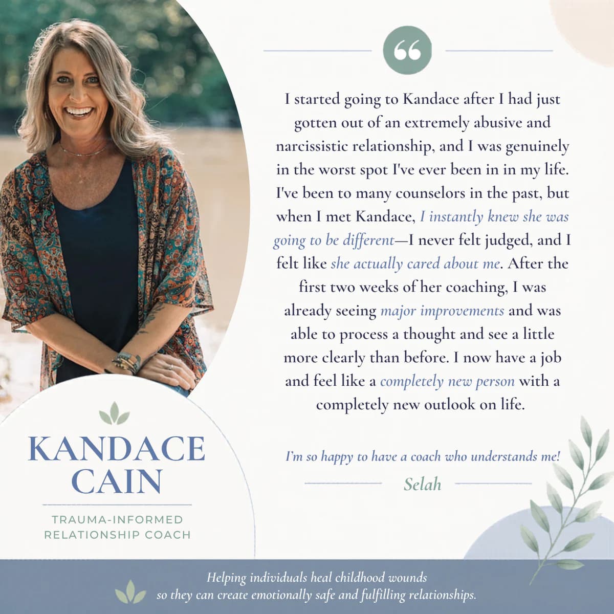 Testimonial from Selah, Kentucky - testimonial graphic featuring Kandace Cain Rather, trauma-informed relationship coach